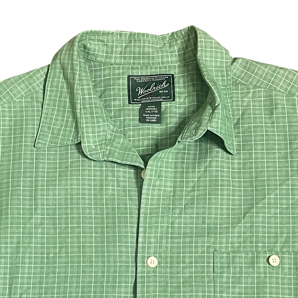 Woolrich Mens XXL Green White Grid Short Sleeve Button Down Shirt Pocket Logo
